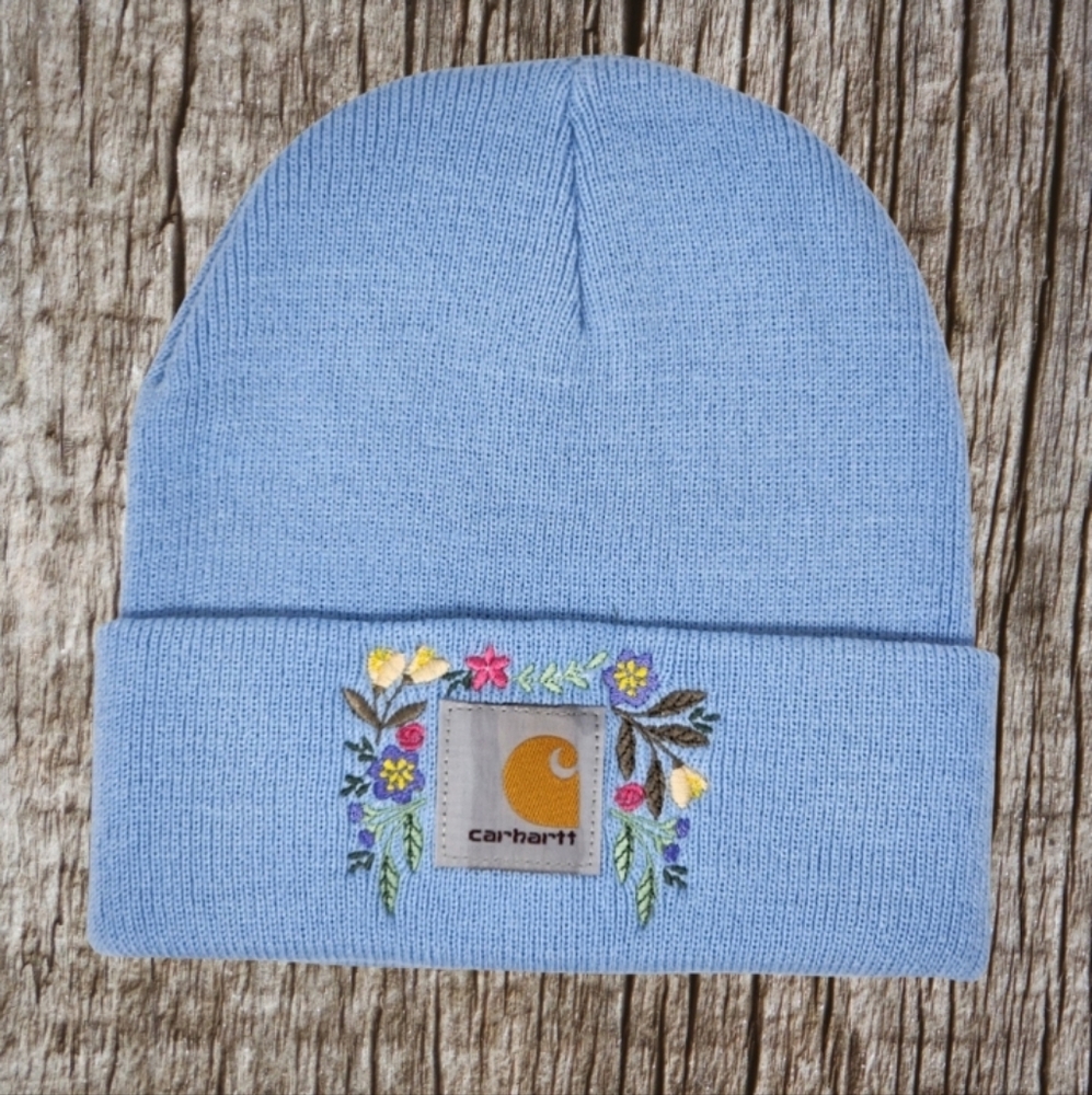 Light Blue Beanie with Embroidered Beautiful Flowers Unique Women's Hat